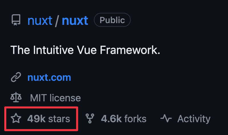 A screenshot of the nuxt/nuxt repository on GitHub, showing 49k stars.