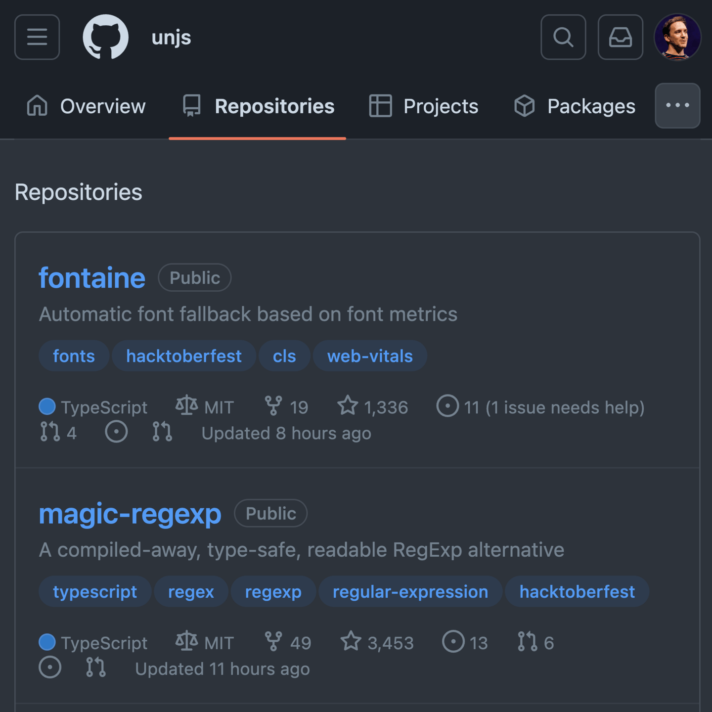 A screenshot of the unjs GitHub organisation with the newly-added fontaine and magic-regexp repositories.